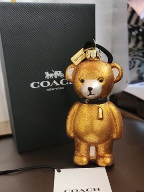 Coach Gold Glitter Bear holiday  ornament with Black Ribbon